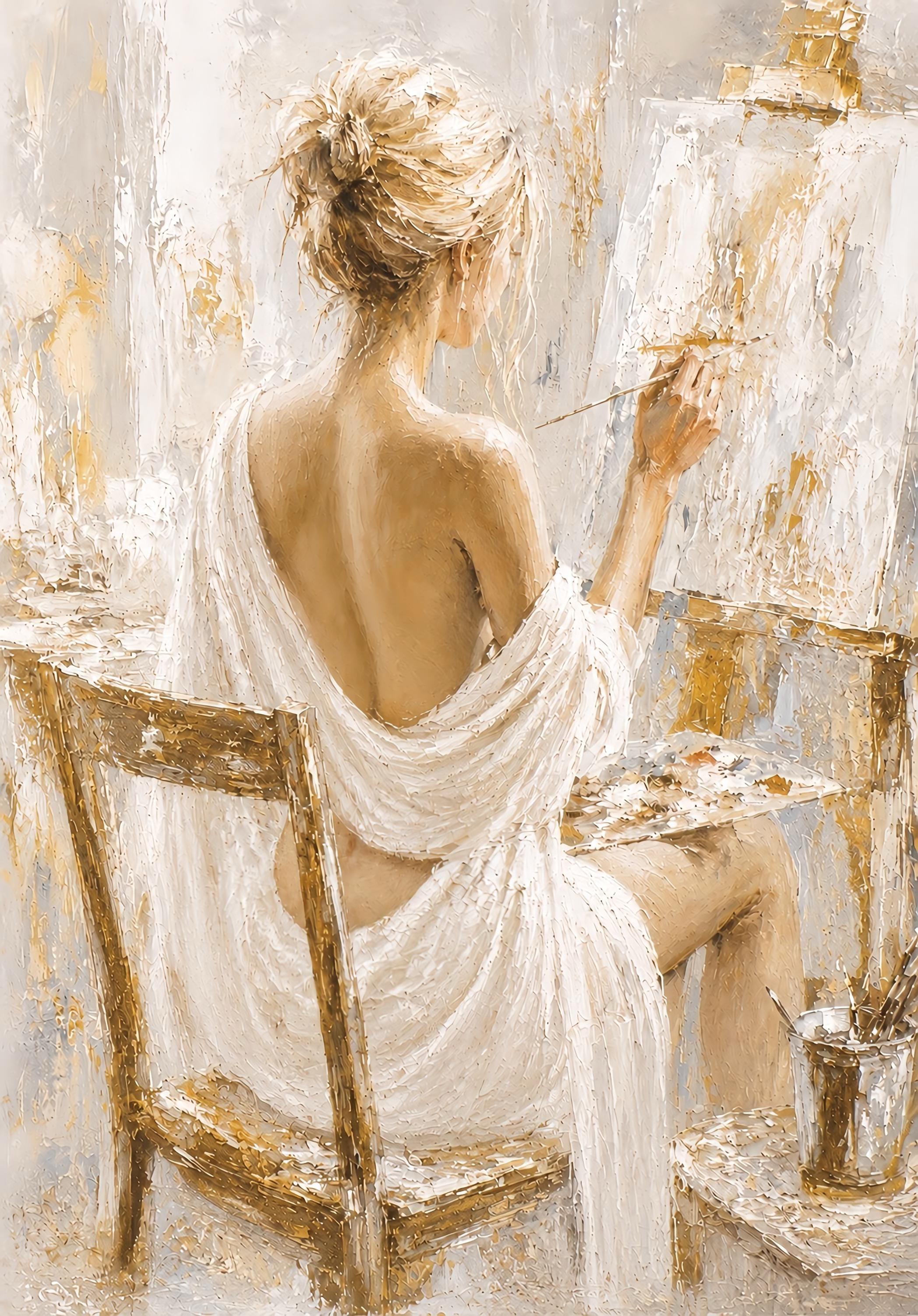 Elle painting in a luminous ivory and gold atelier